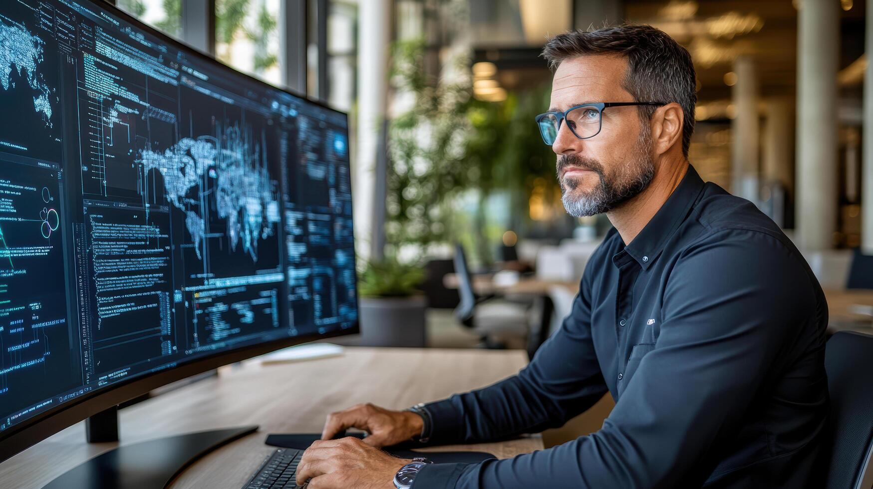A man in glasses is working on a computer screen photo