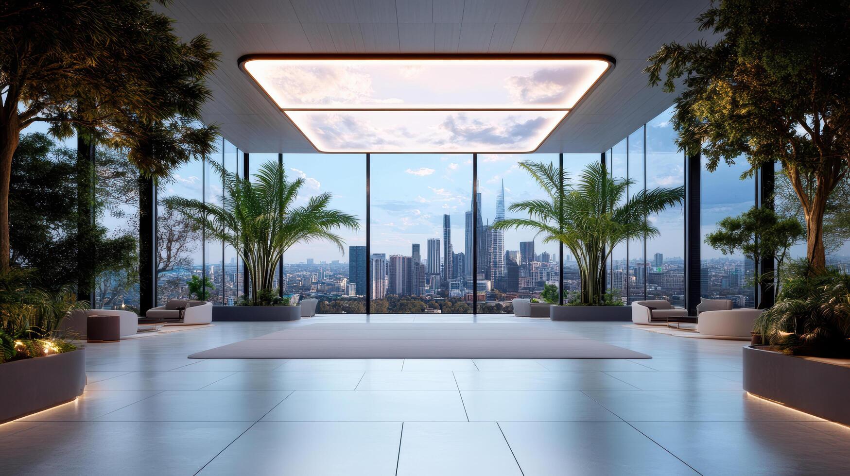 Modern lobby with cityscape view 3d rendering photo