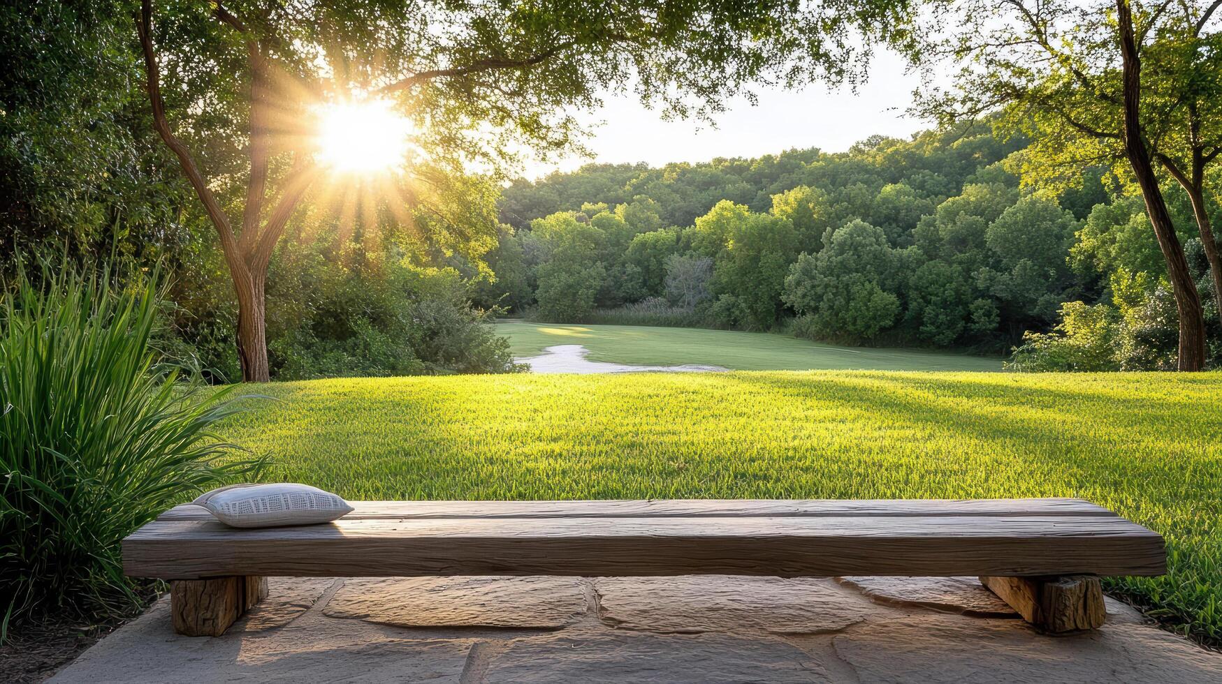A wooden bench sitting on a stone path in a park photo