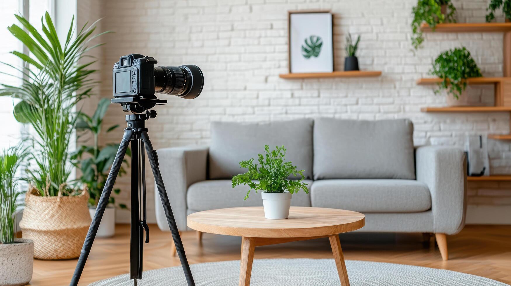A camera on a tripod in front of a couch photo