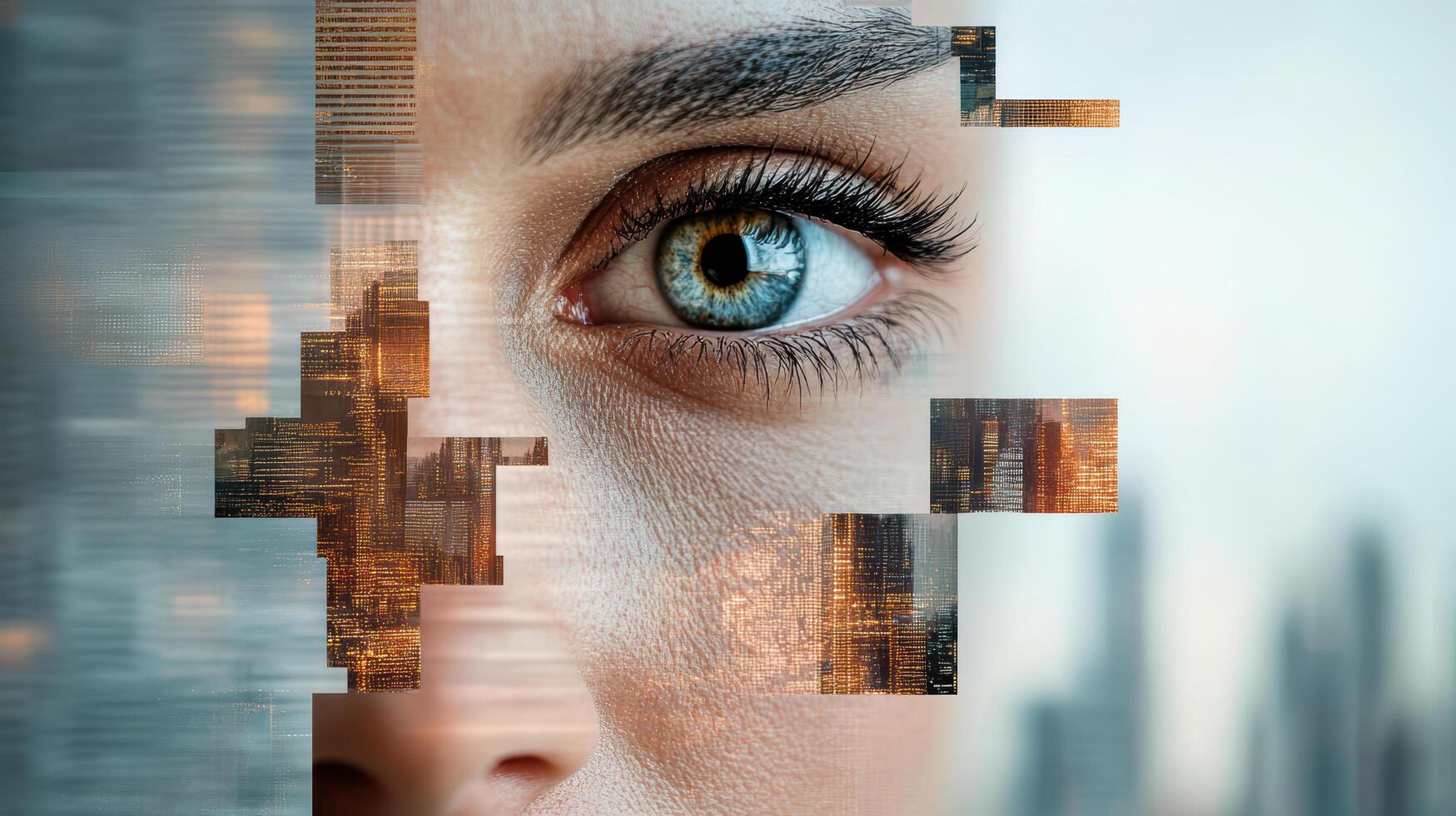 A woman's eye is in the middle of a cityscape photo