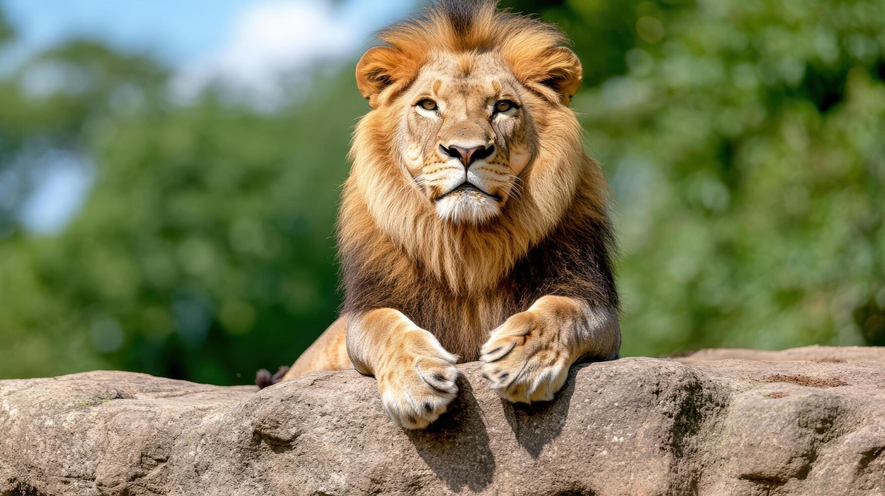 A lion is sitting on a rock photo