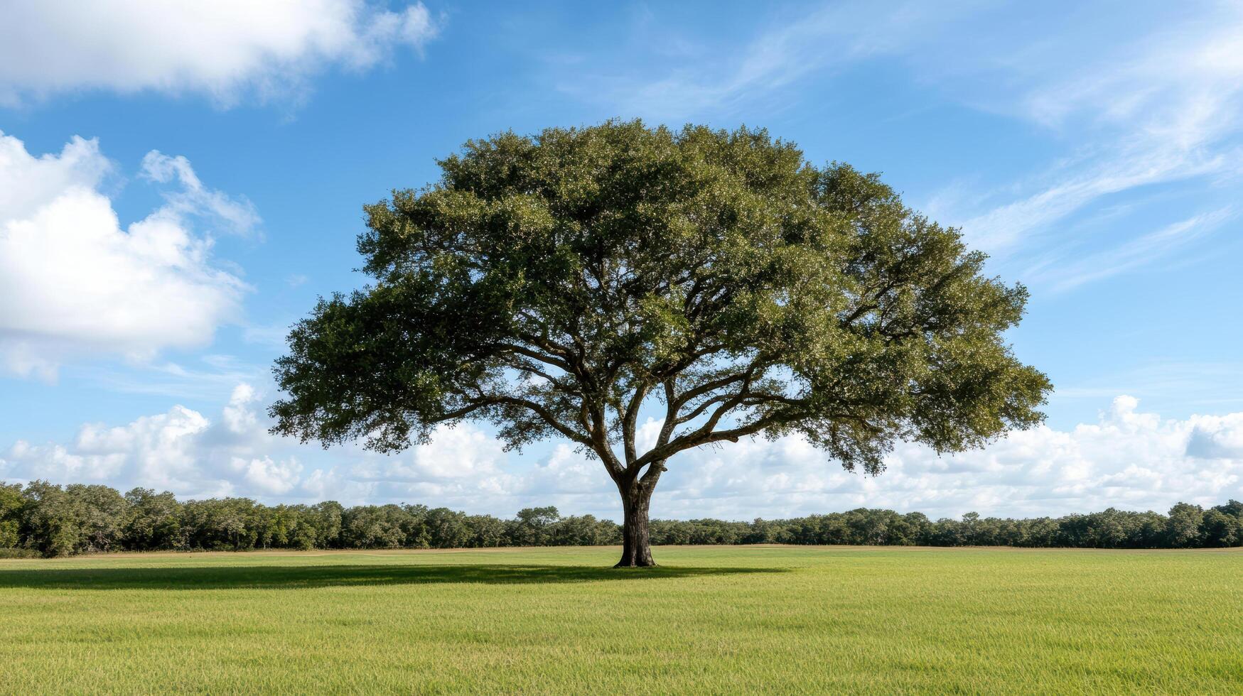 A large tree in a field with a blue sky photo