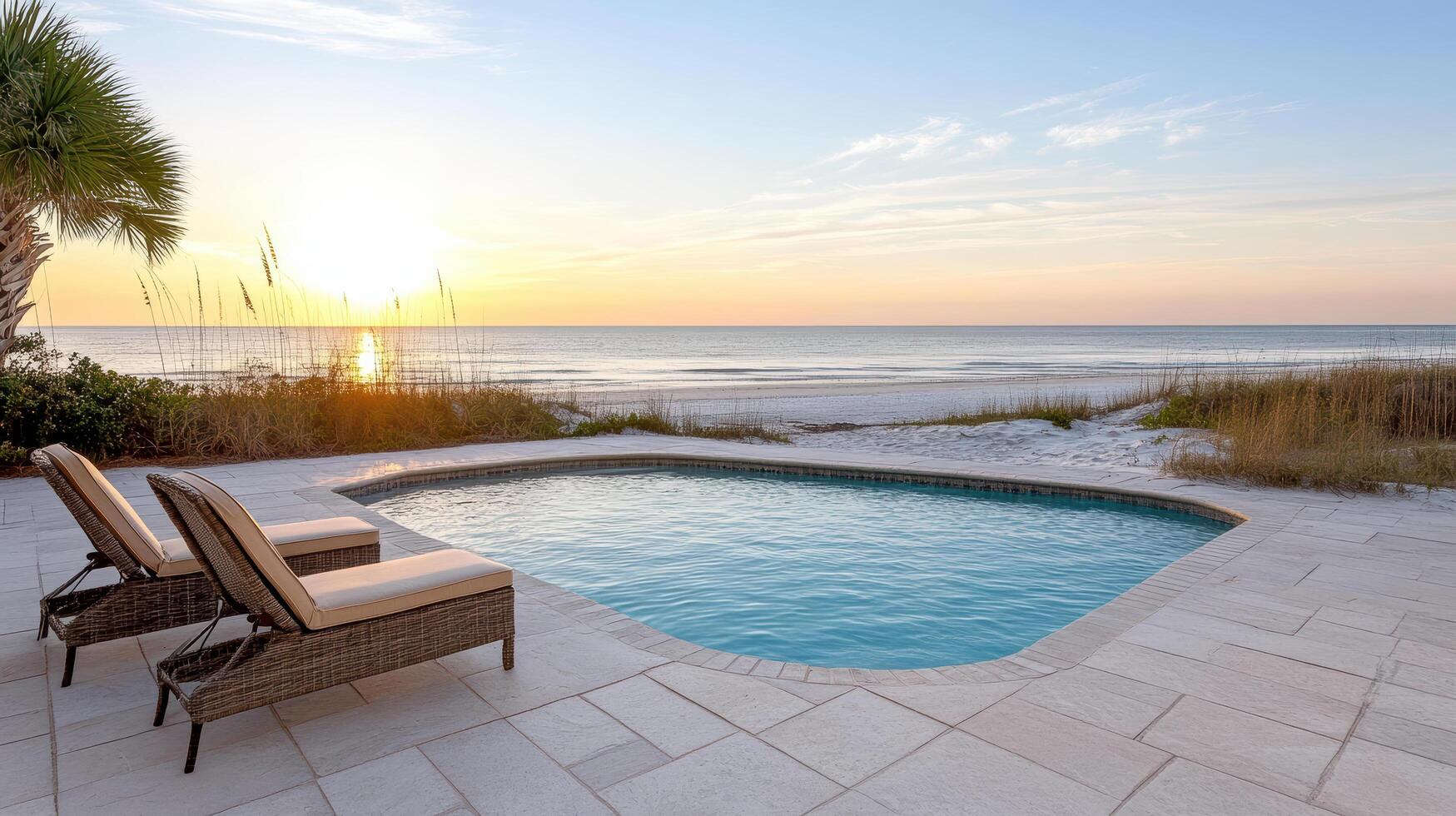 A pool and two chairs on a patio overlooking the ocean photo