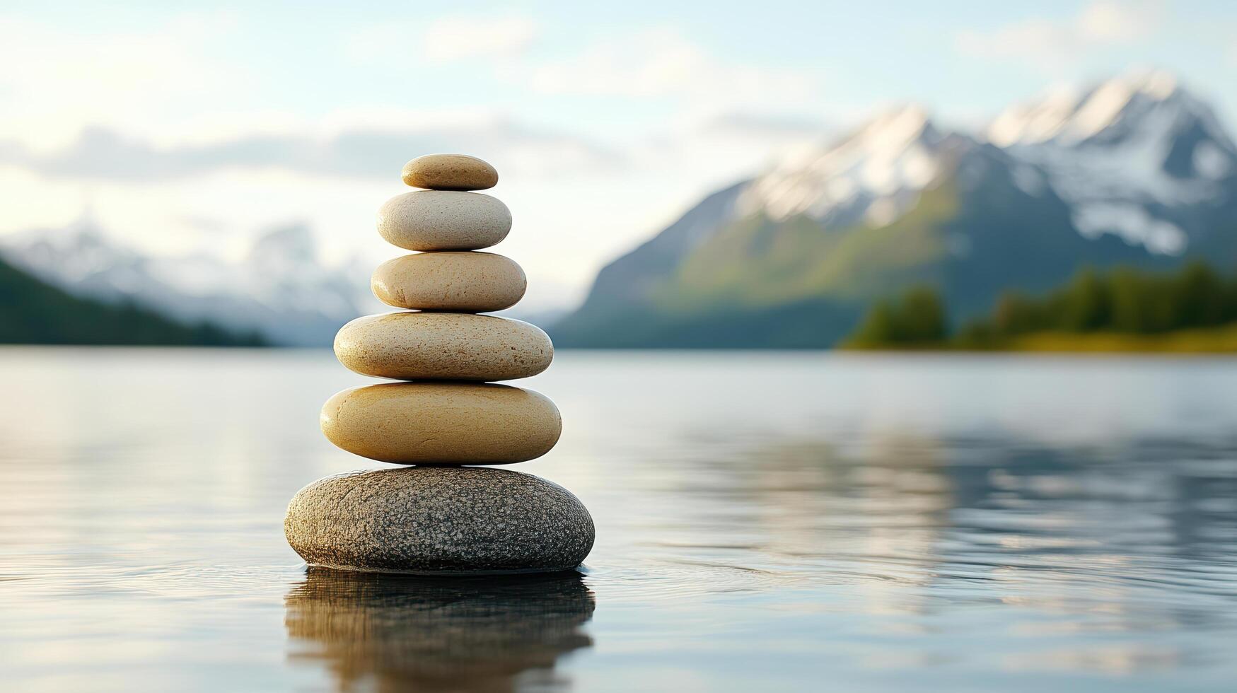 A stack of stones in the water with mountains in the background photo
