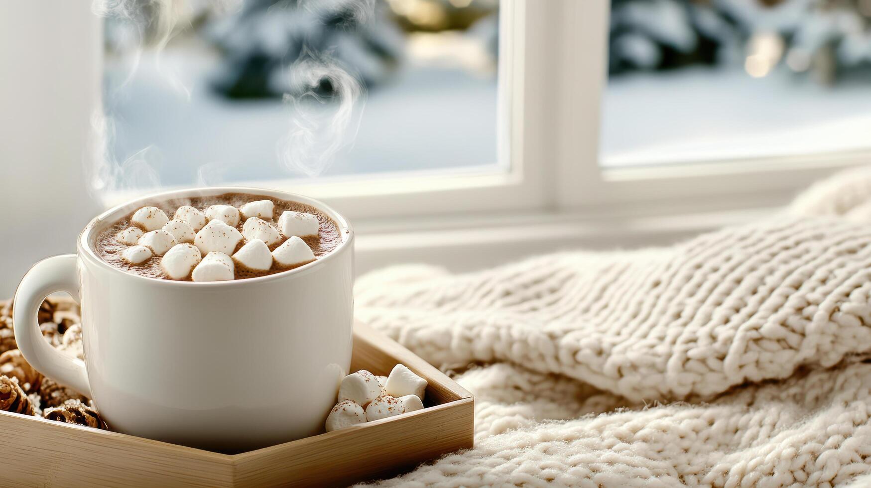 Hot chocolate with marshmallows on a tray photo