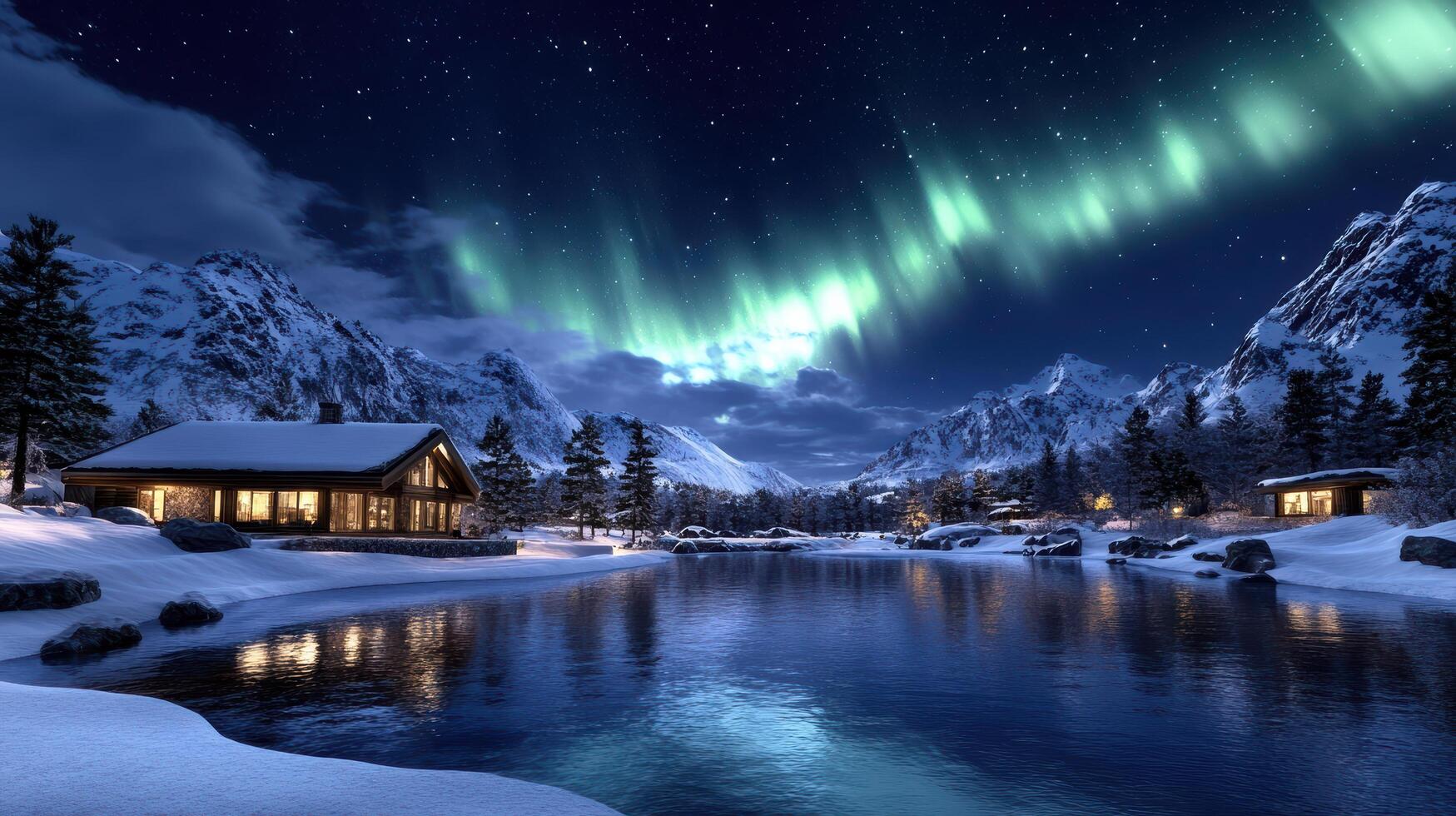 Aurora borealis over a cabin in the snow photo