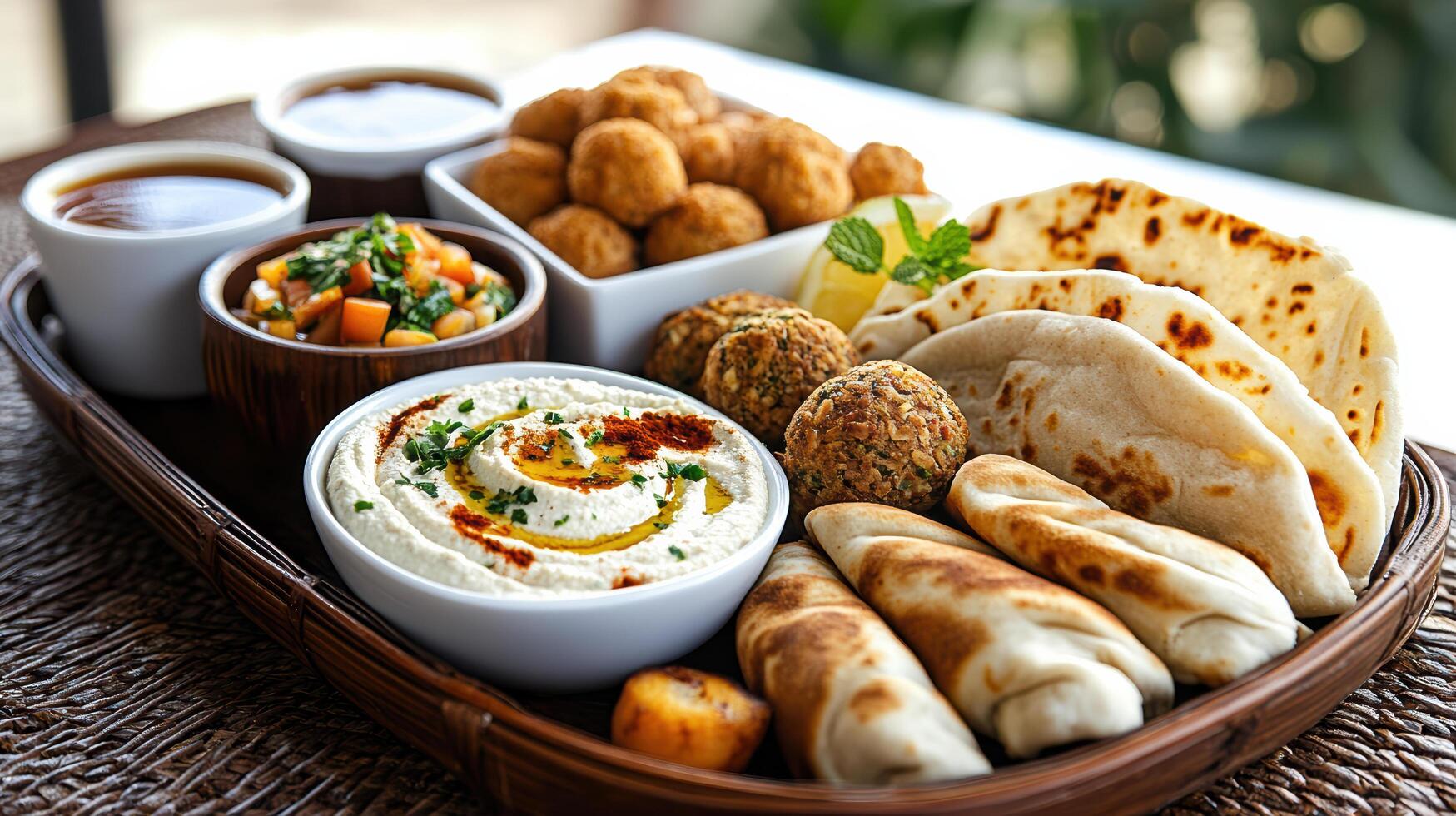 A tray of food with dips and bread photo