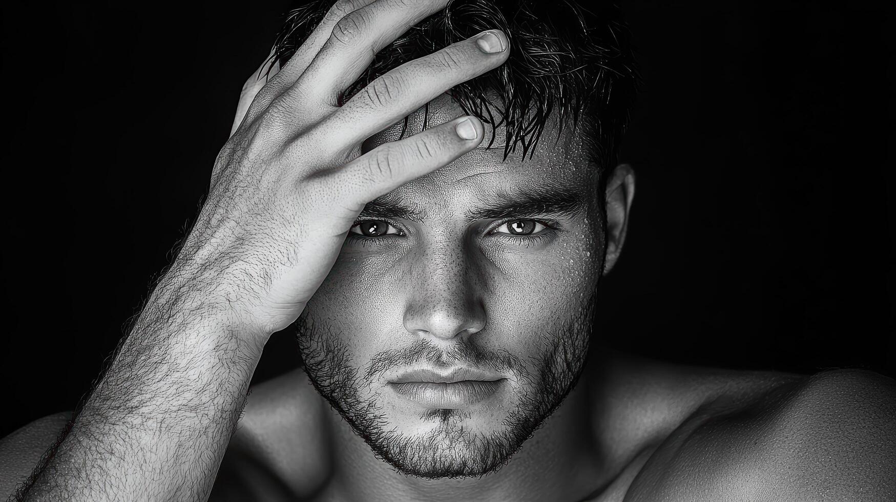 A man with no shirt on is holding his head photo