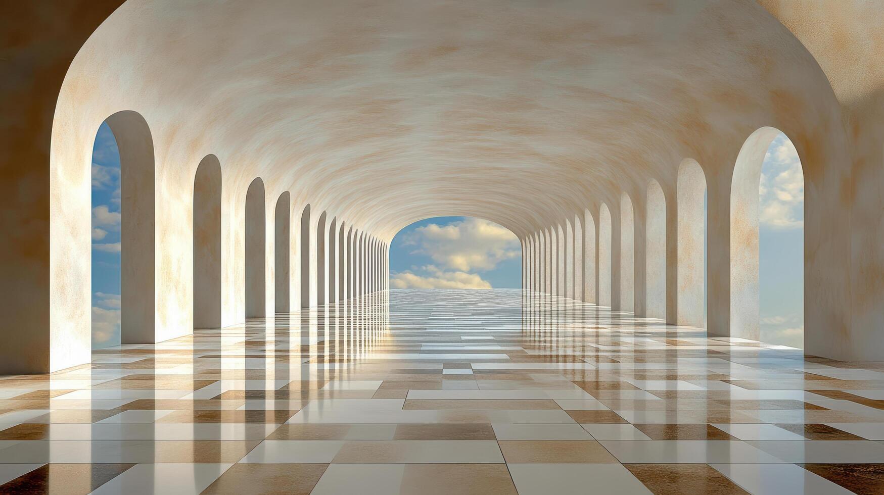 An empty hallway with a sky view photo