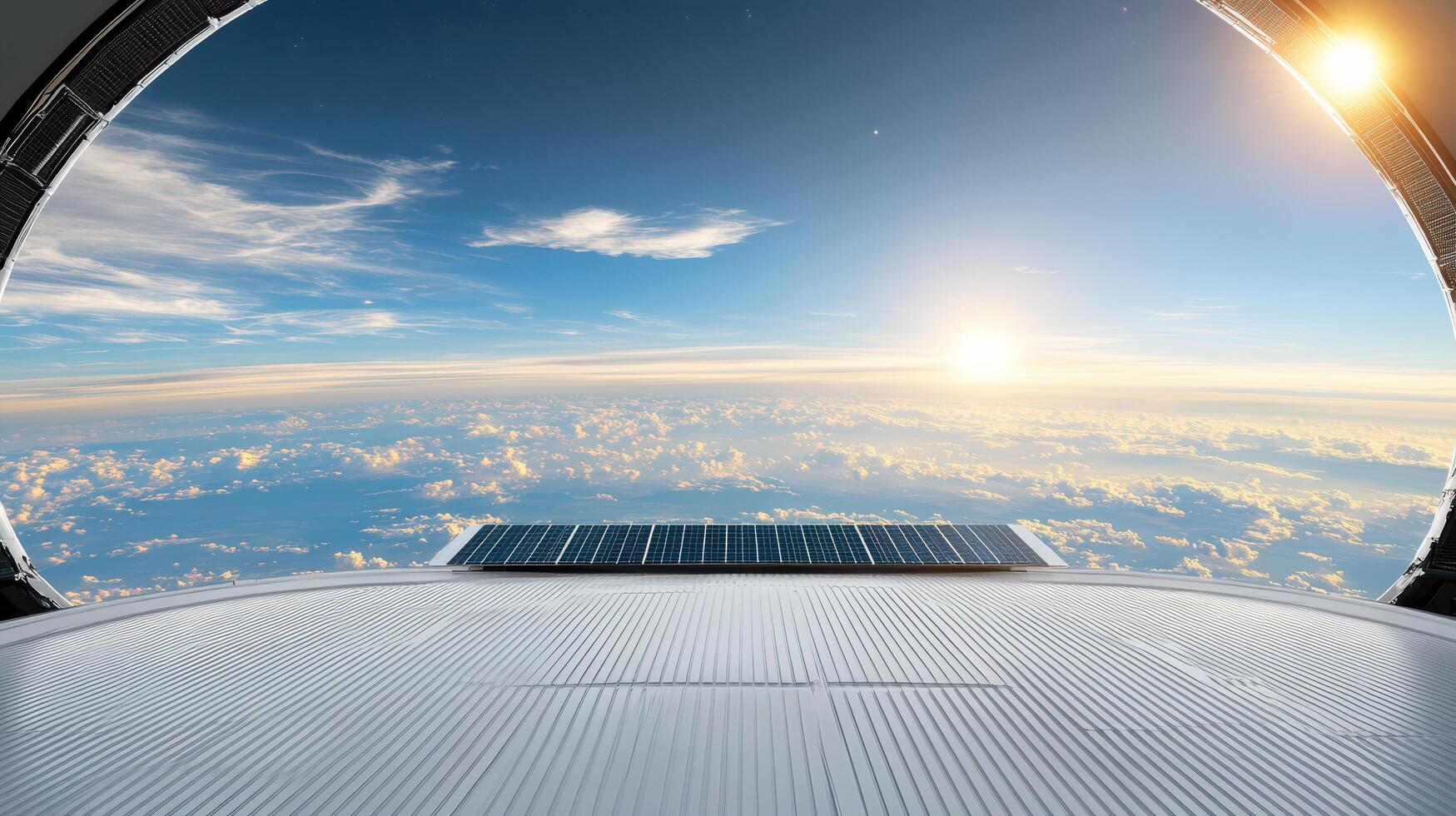 A view of the sun shining through the window of a space ship photo