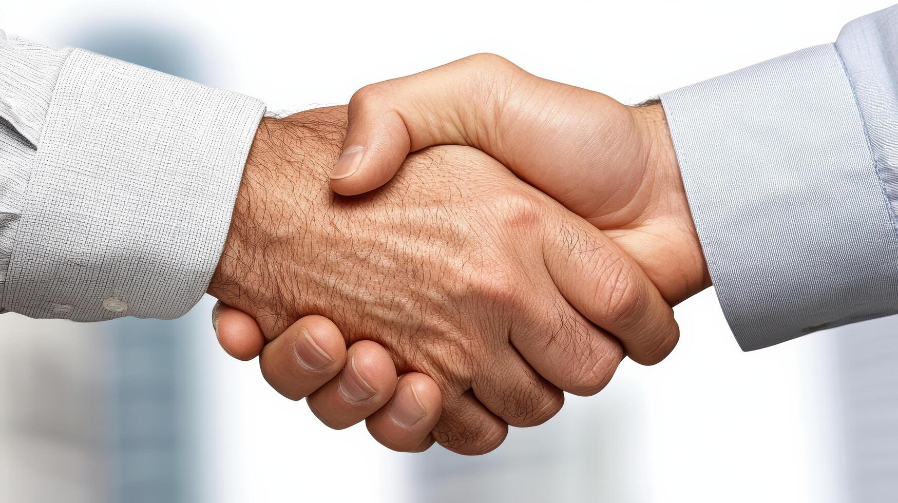 Two people shaking hands over a city skyline photo