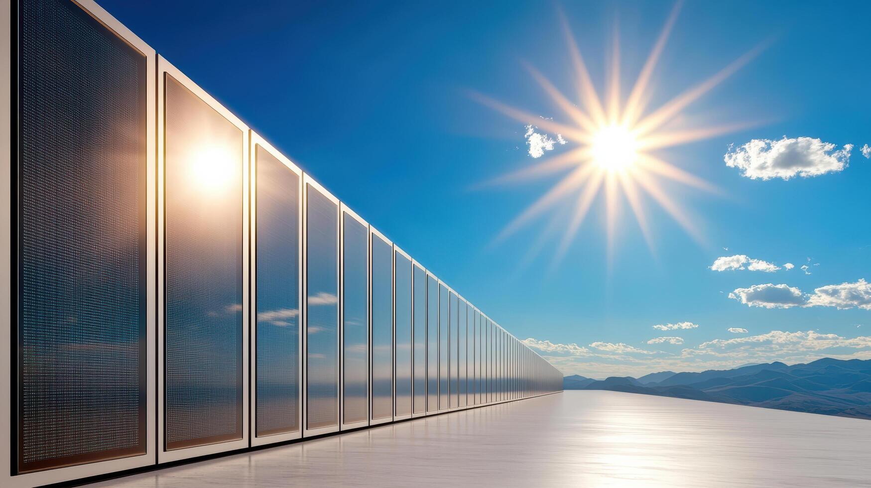 A row of glass windows with the sun shining in the background photo