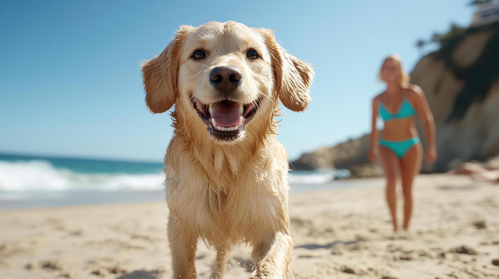 A golden retriever running on the beach with a woman in a bikini photo