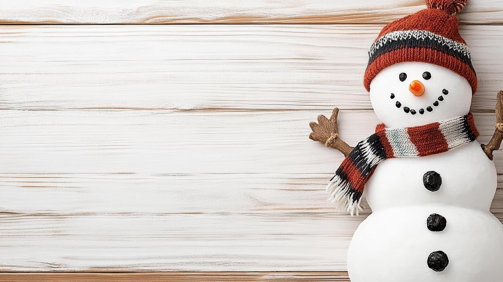 A snowman with a red hat and scarf on a wooden background photo