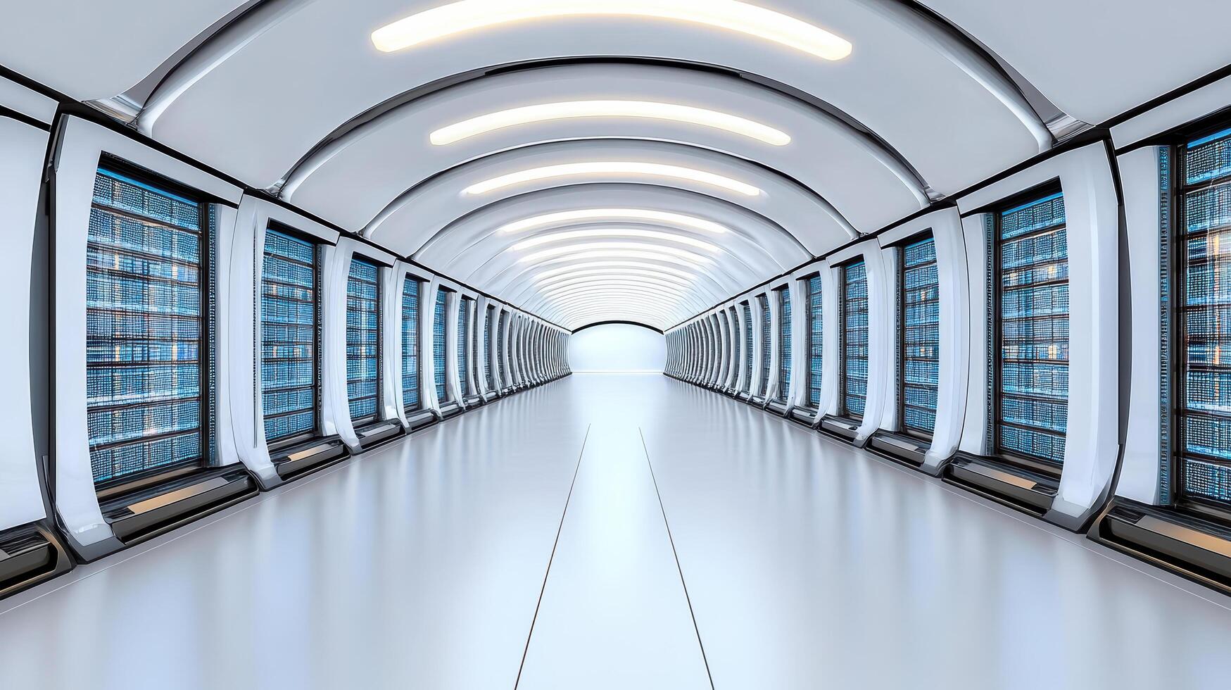 A long hallway with many rows of computer servers photo