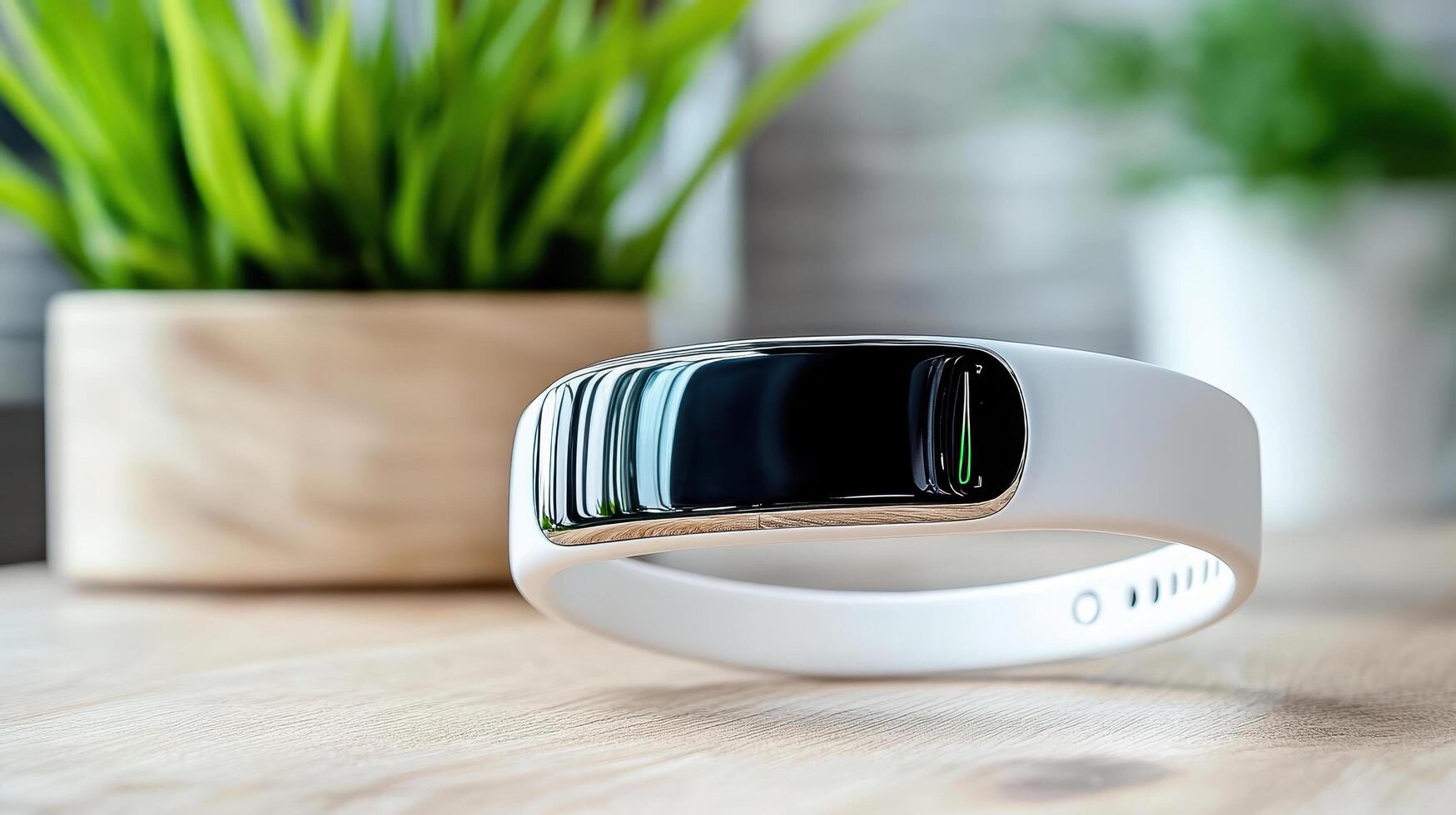 A smart watch on a table with a plant in the background photo