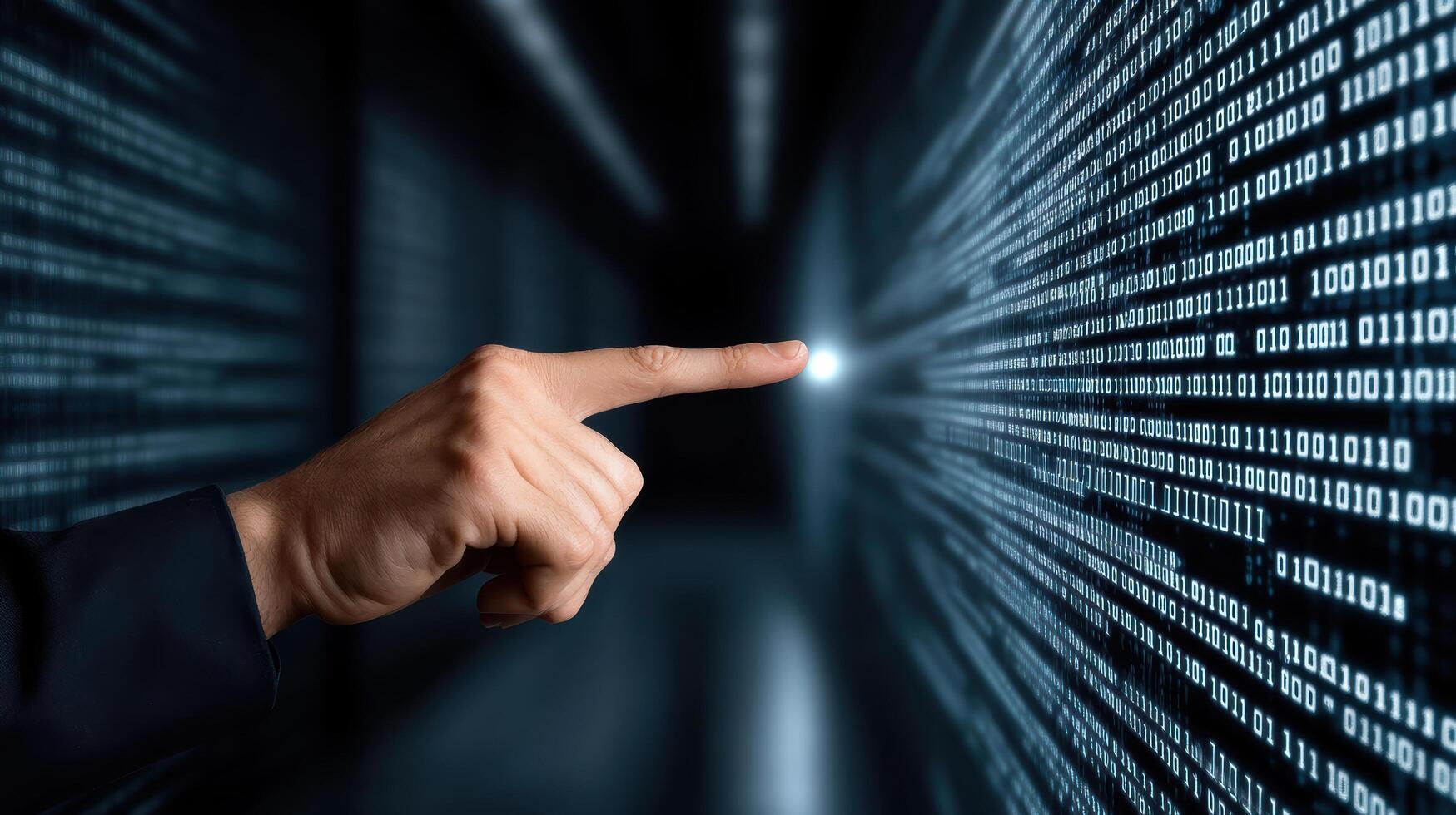 A hand pointing at a binary code on a computer screen photo