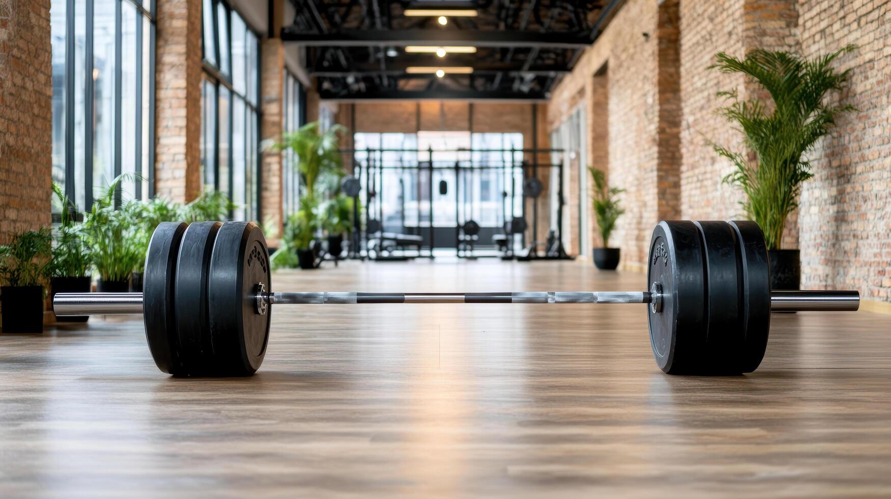 A barbell in a gym with plants and windows photo