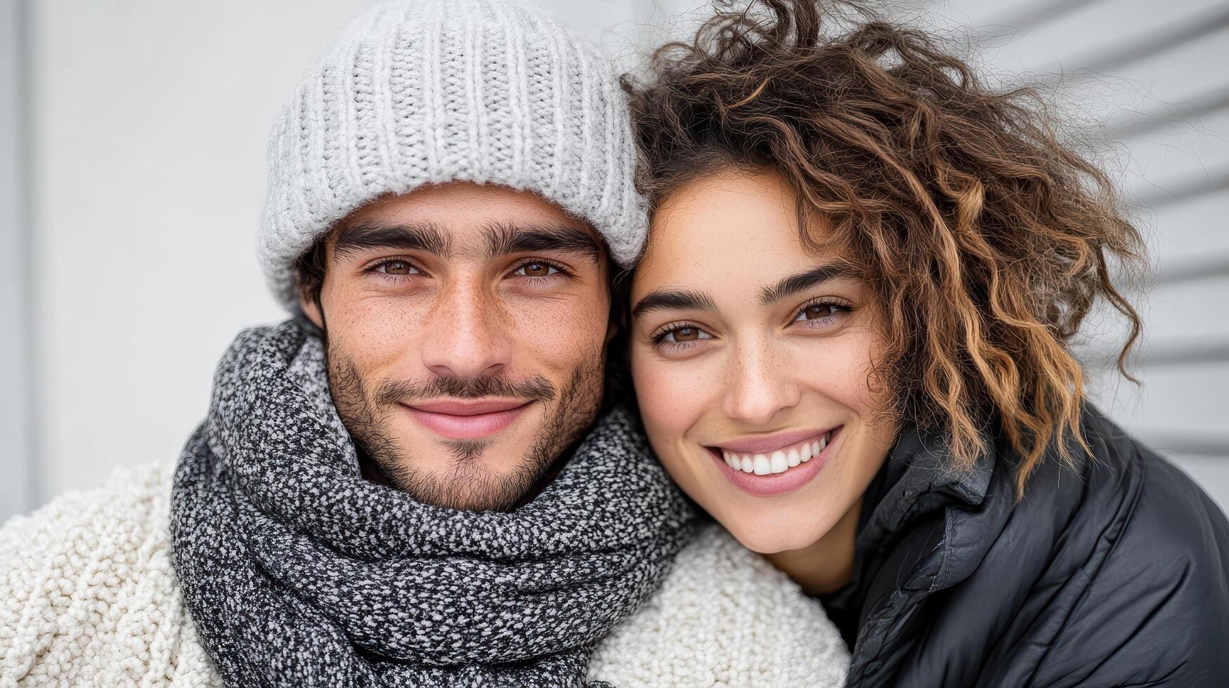 A man and woman are smiling and wearing winter clothing photo