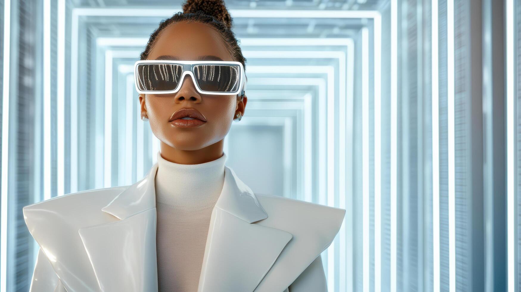 A woman wearing sunglasses and a white suit photo