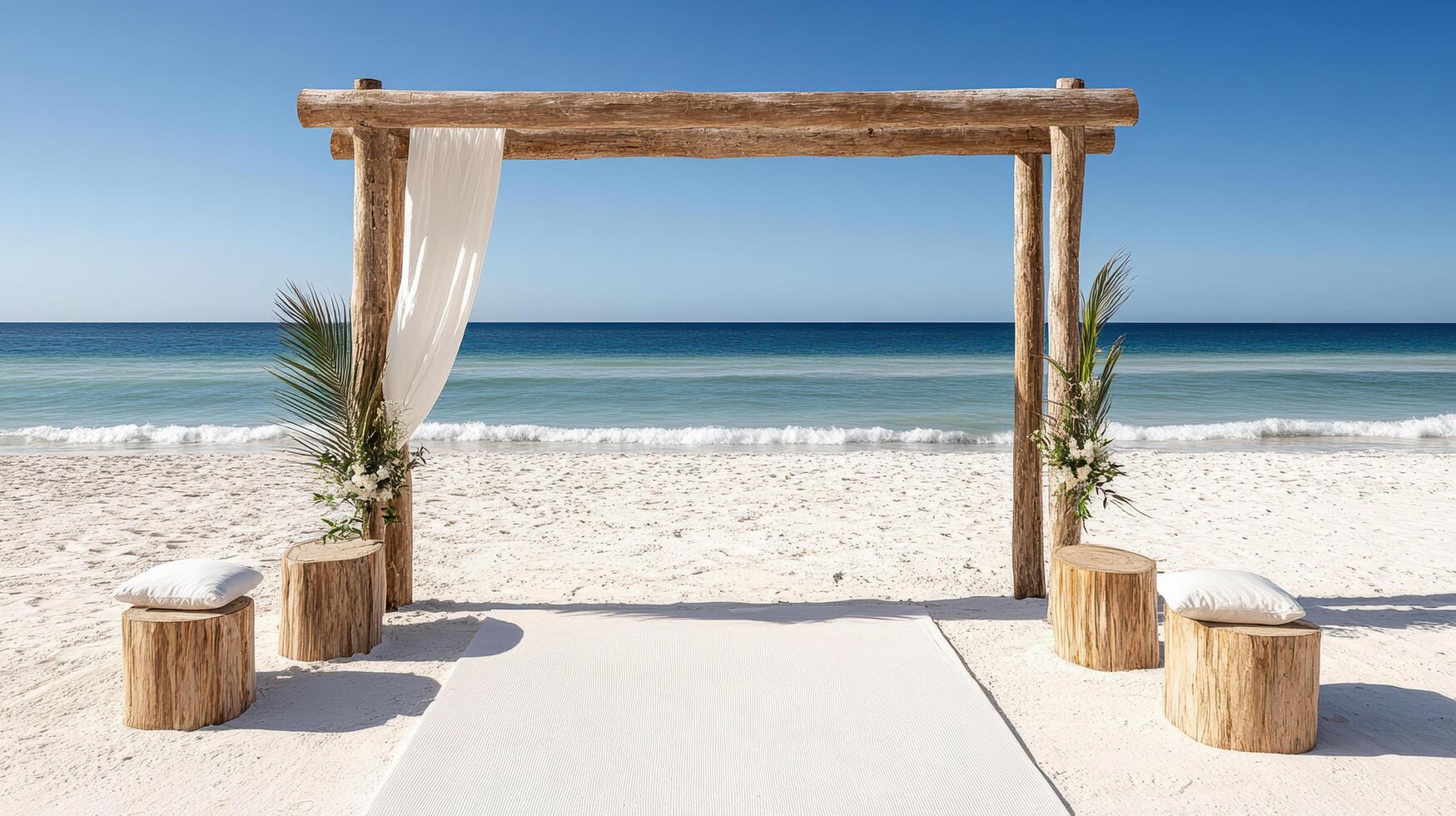 A beach wedding ceremony set up with wooden arches photo
