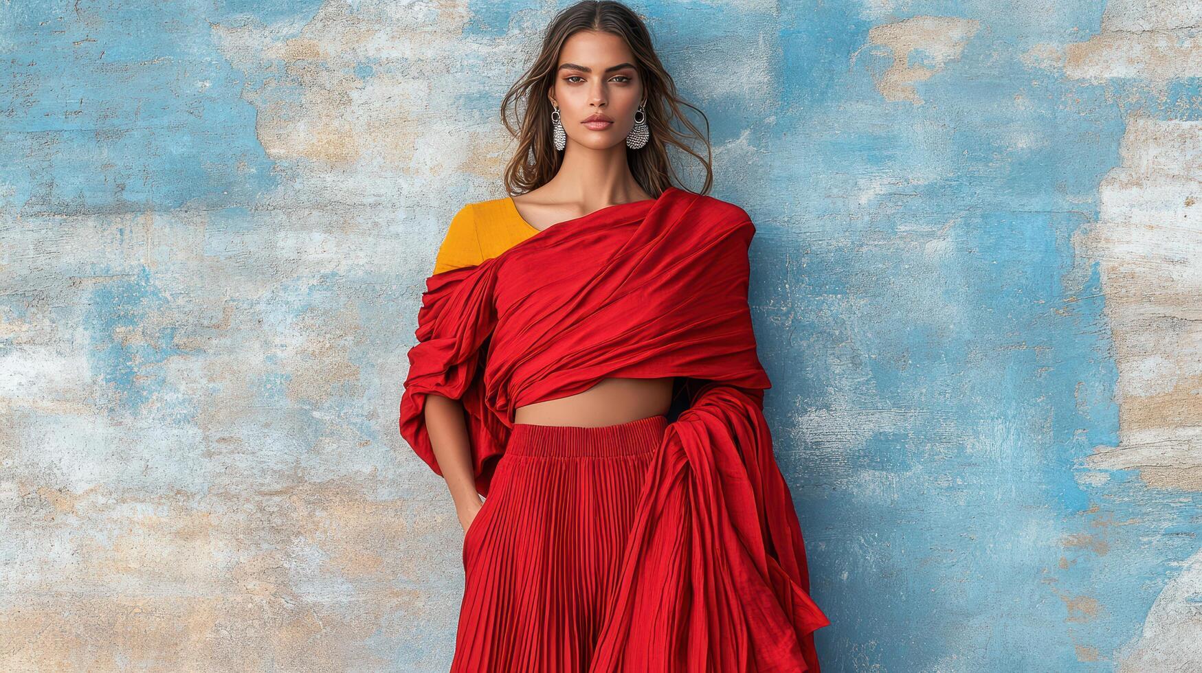 A model in red pleated skirt and top photo