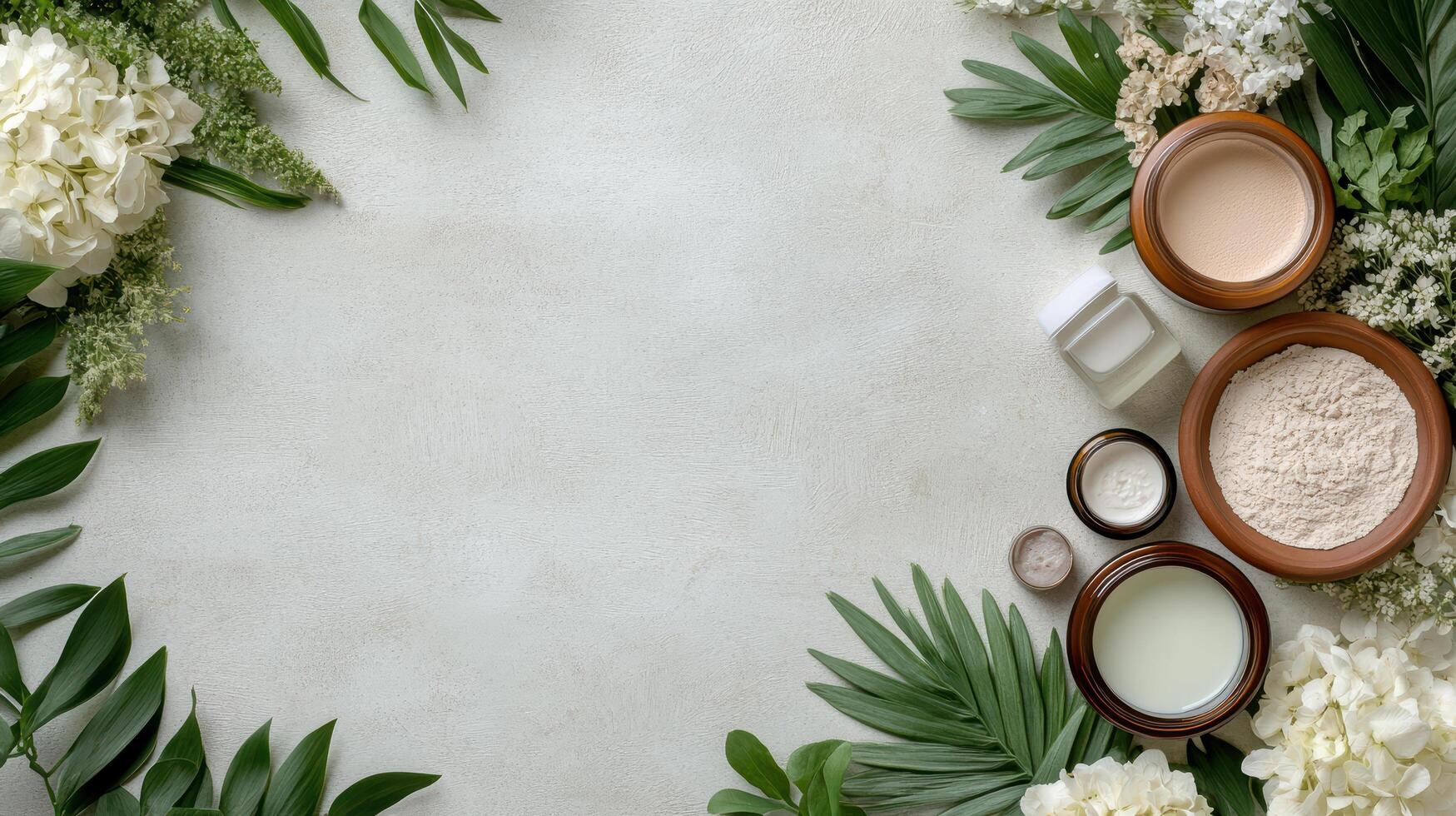 Beauty products and flowers on a white background photo