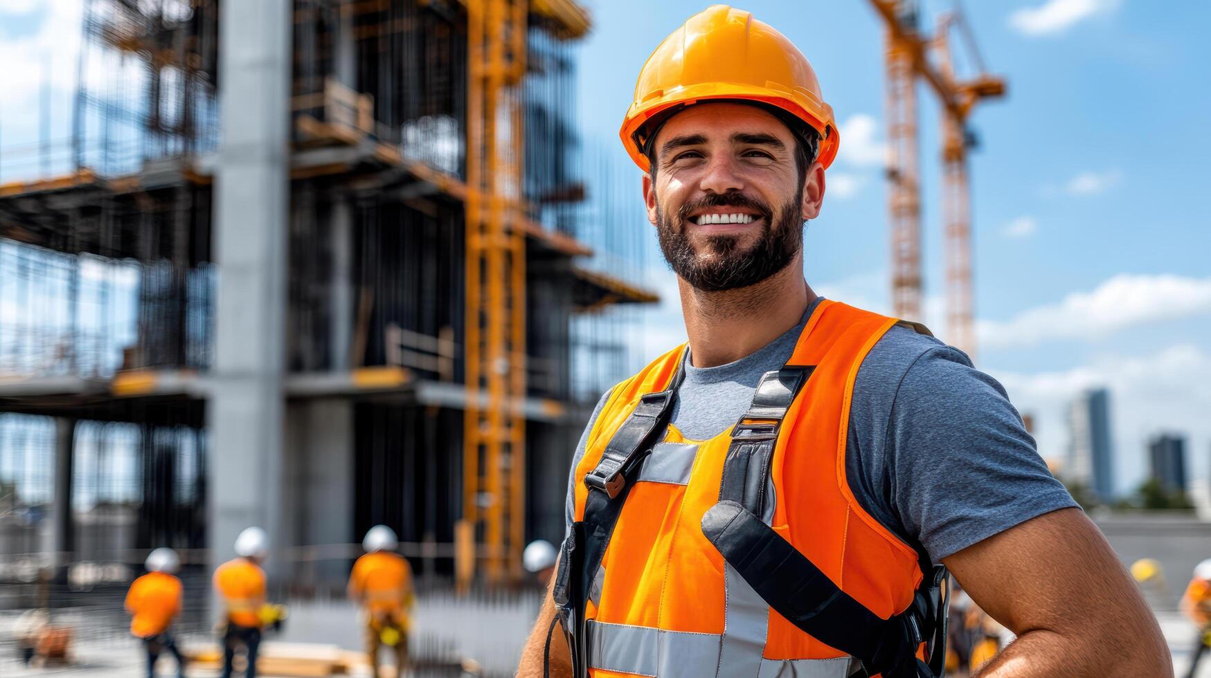 A man in an orange vest and hard hat standing in front of a construction site photo