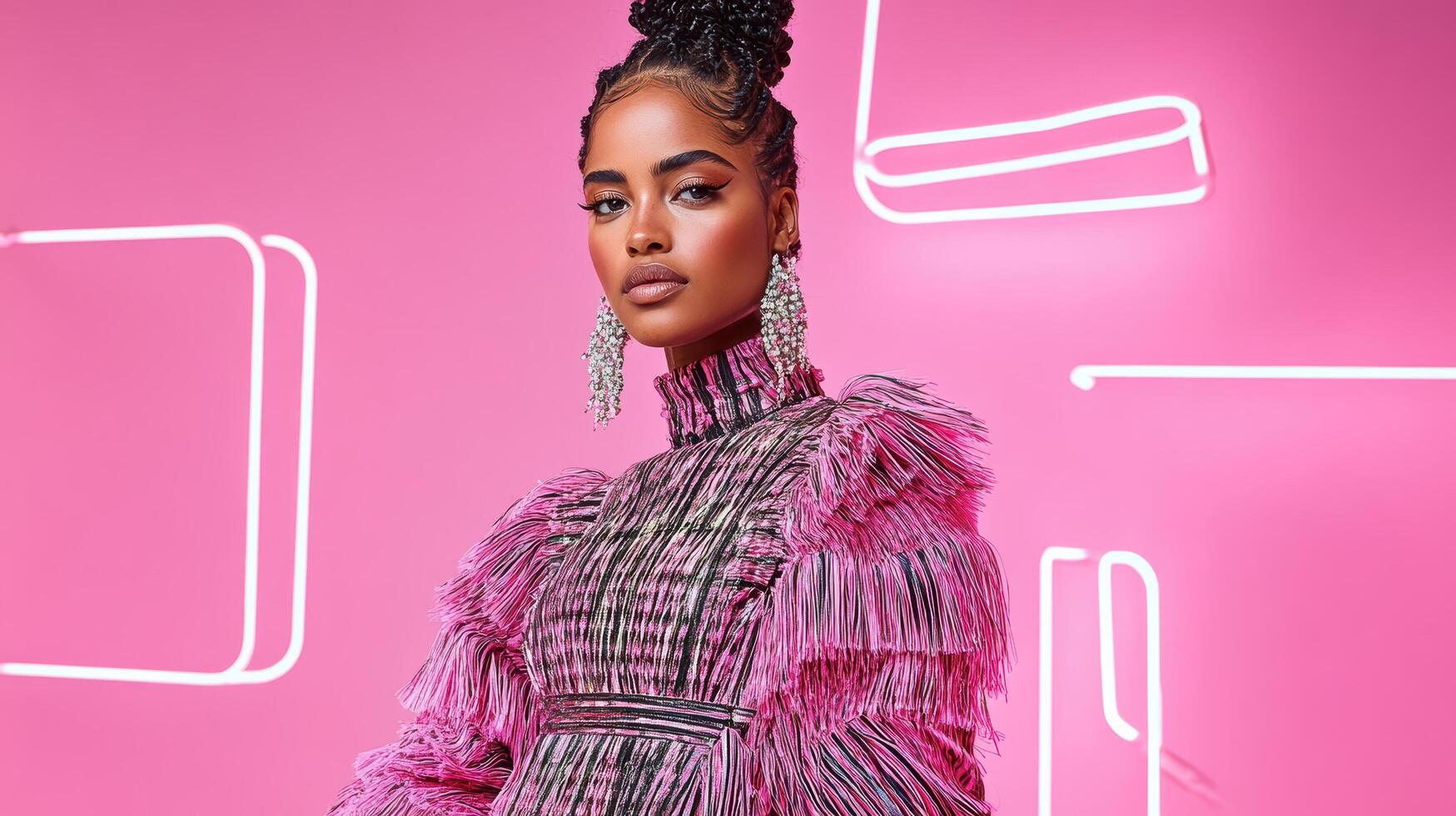 A woman in a pink dress and earrings photo