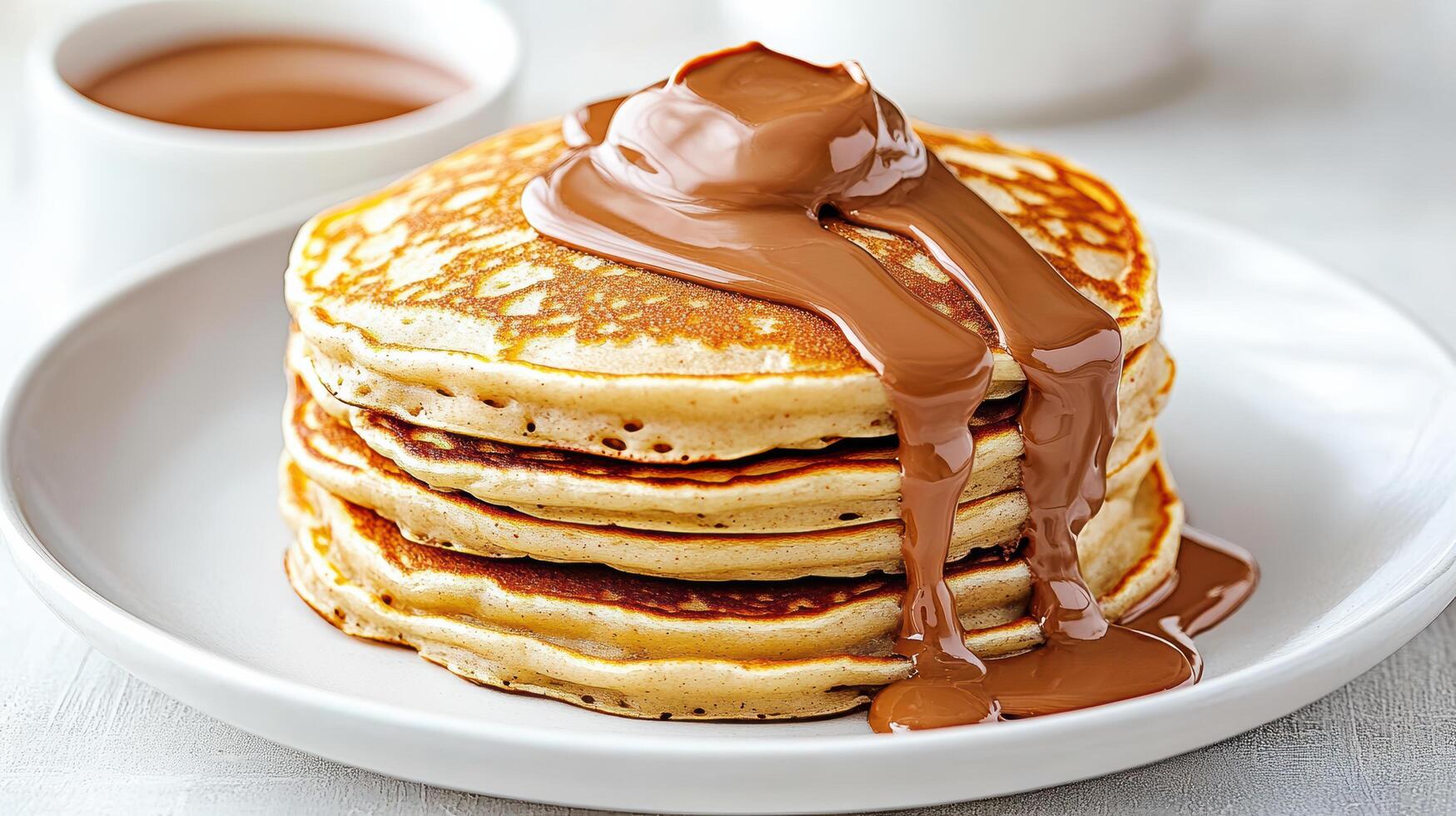 A stack of pancakes with chocolate syrup and a cup of coffee photo