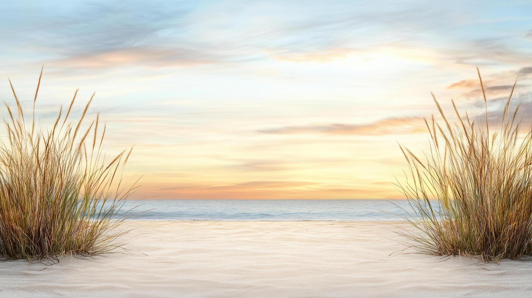 Beach sand and grass with sunset sky background photo