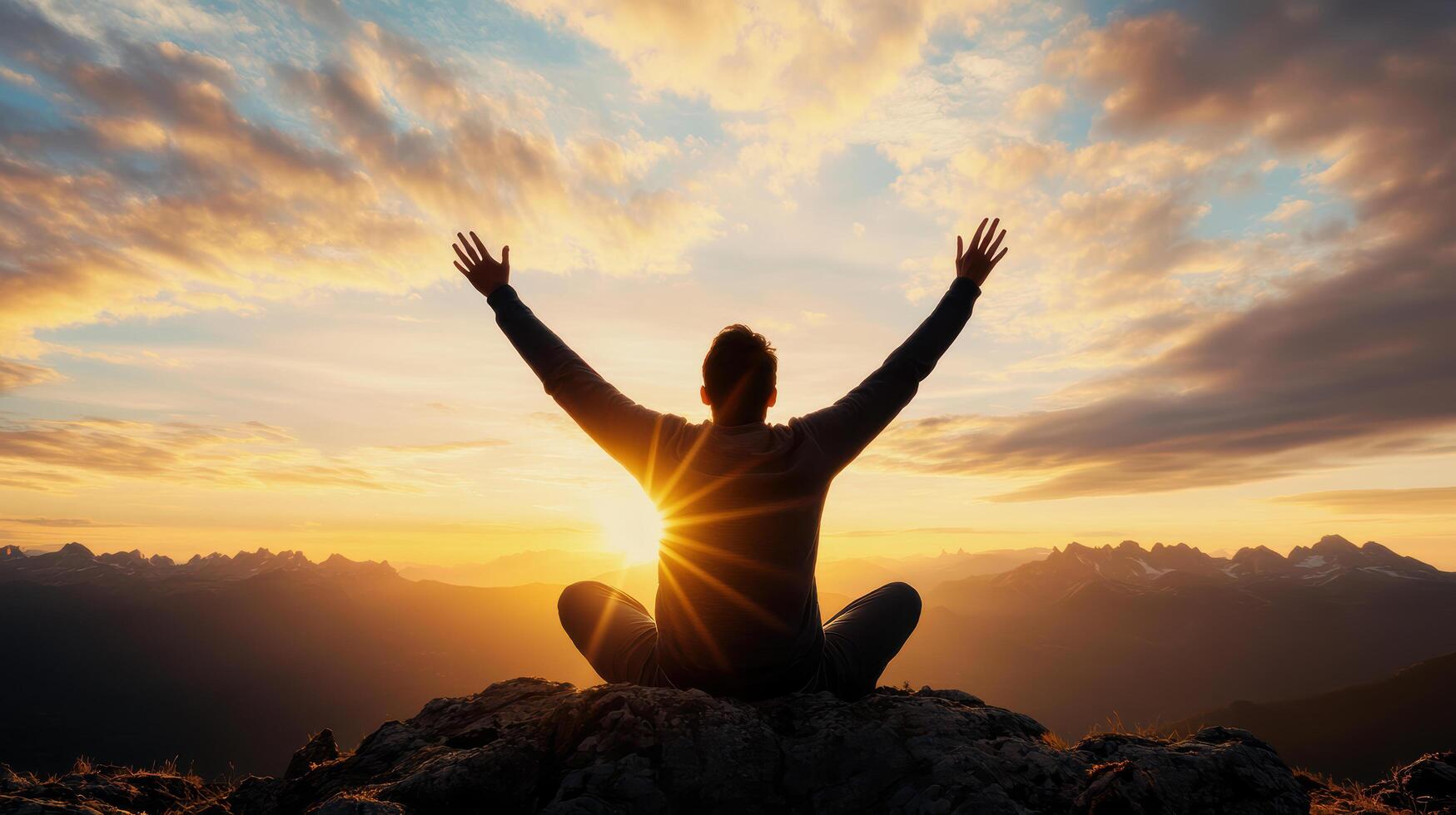 A person sitting on top of a mountain with their hands up in the air photo