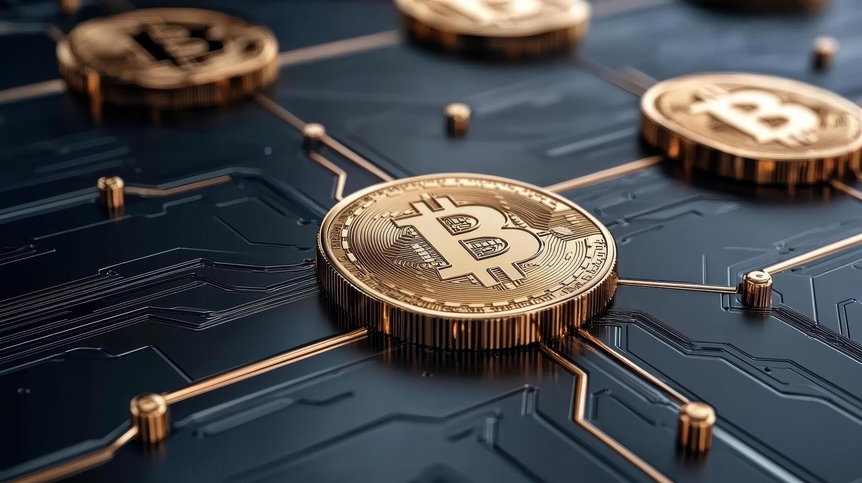 Bitcoin on a circuit board with gold coins photo
