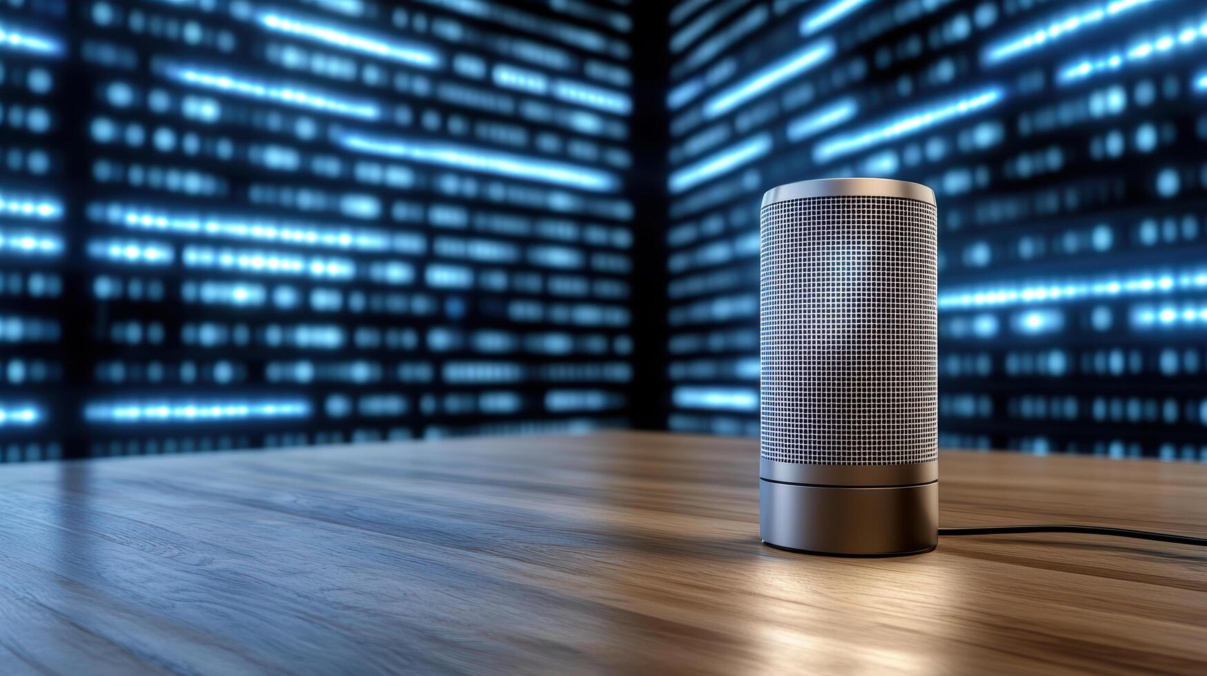 A speaker is sitting on a table in front of a computer screen photo