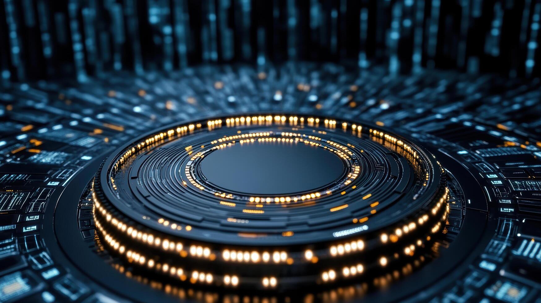 A circular object with glowing lights and a digital background photo