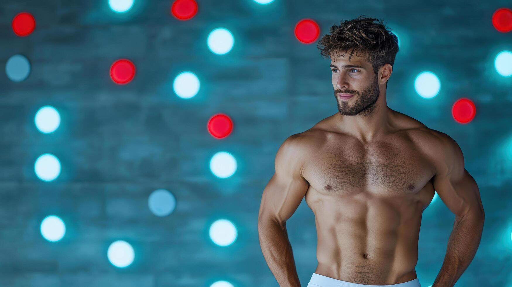 A shirtless man standing in front of a colorful background photo