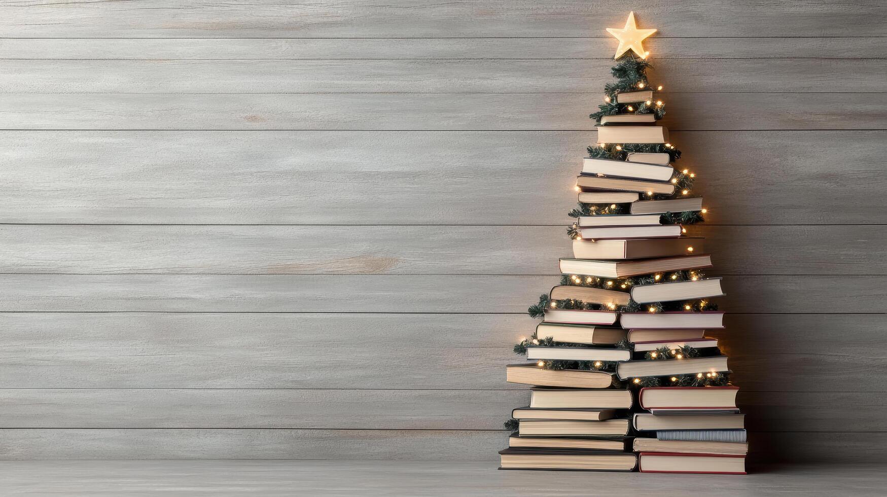 Christmas tree made of books on wooden background photo