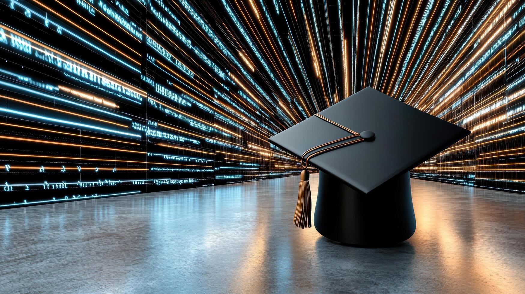 A graduation hat sits on a table in front of a computer screen photo