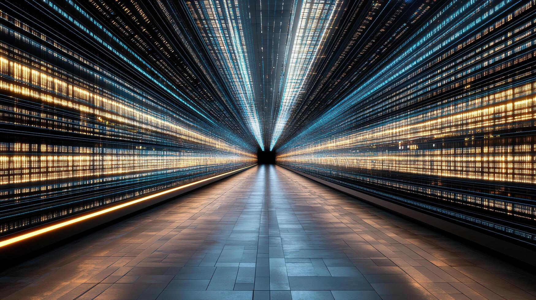 A long tunnel with lights and a long line of data photo