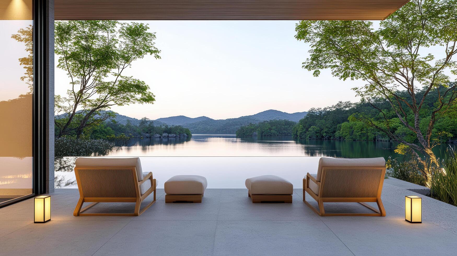 A view of a lake and two chairs on the patio photo