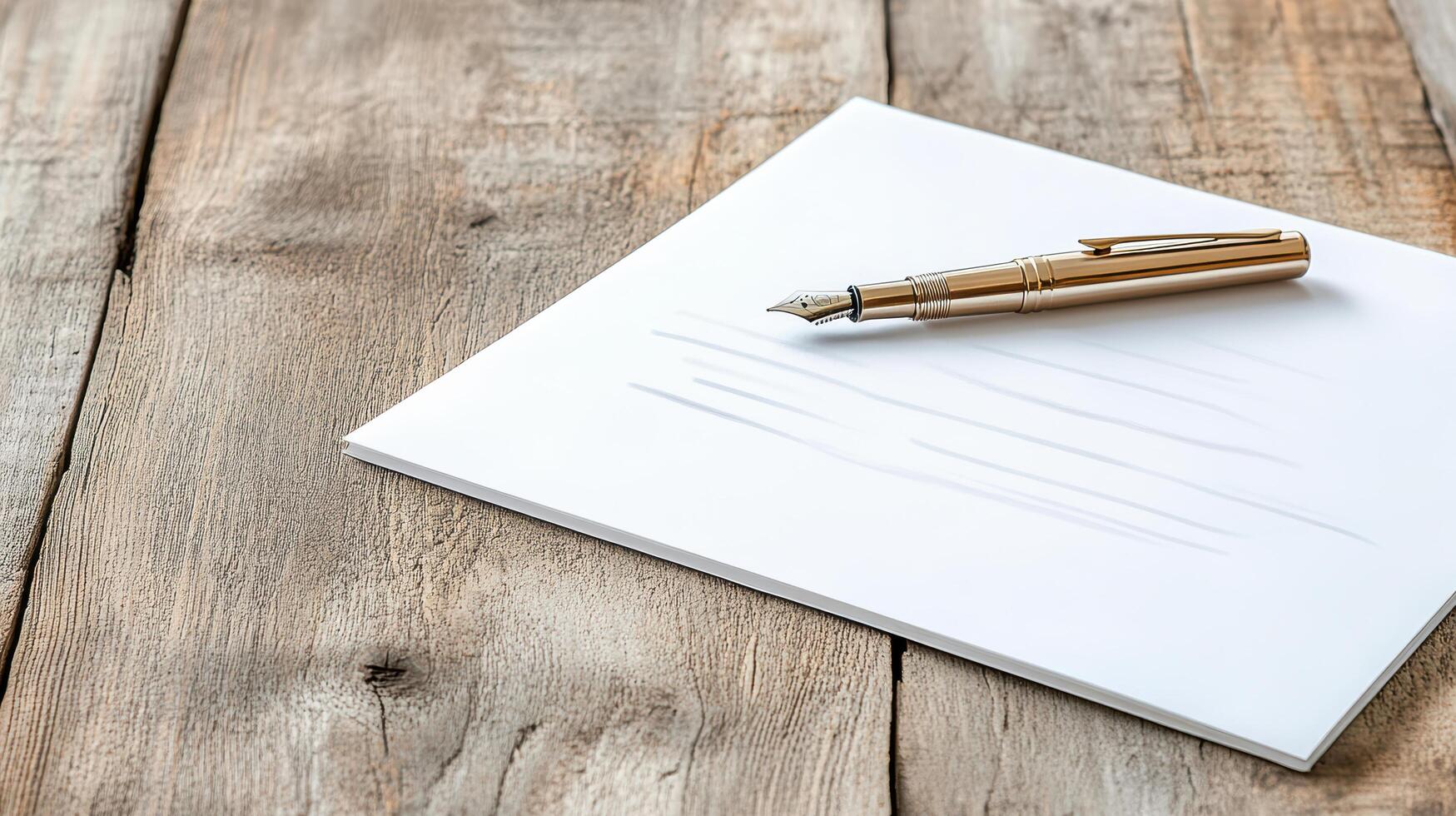 A fountain pen and a blank notepad on a wooden table photo