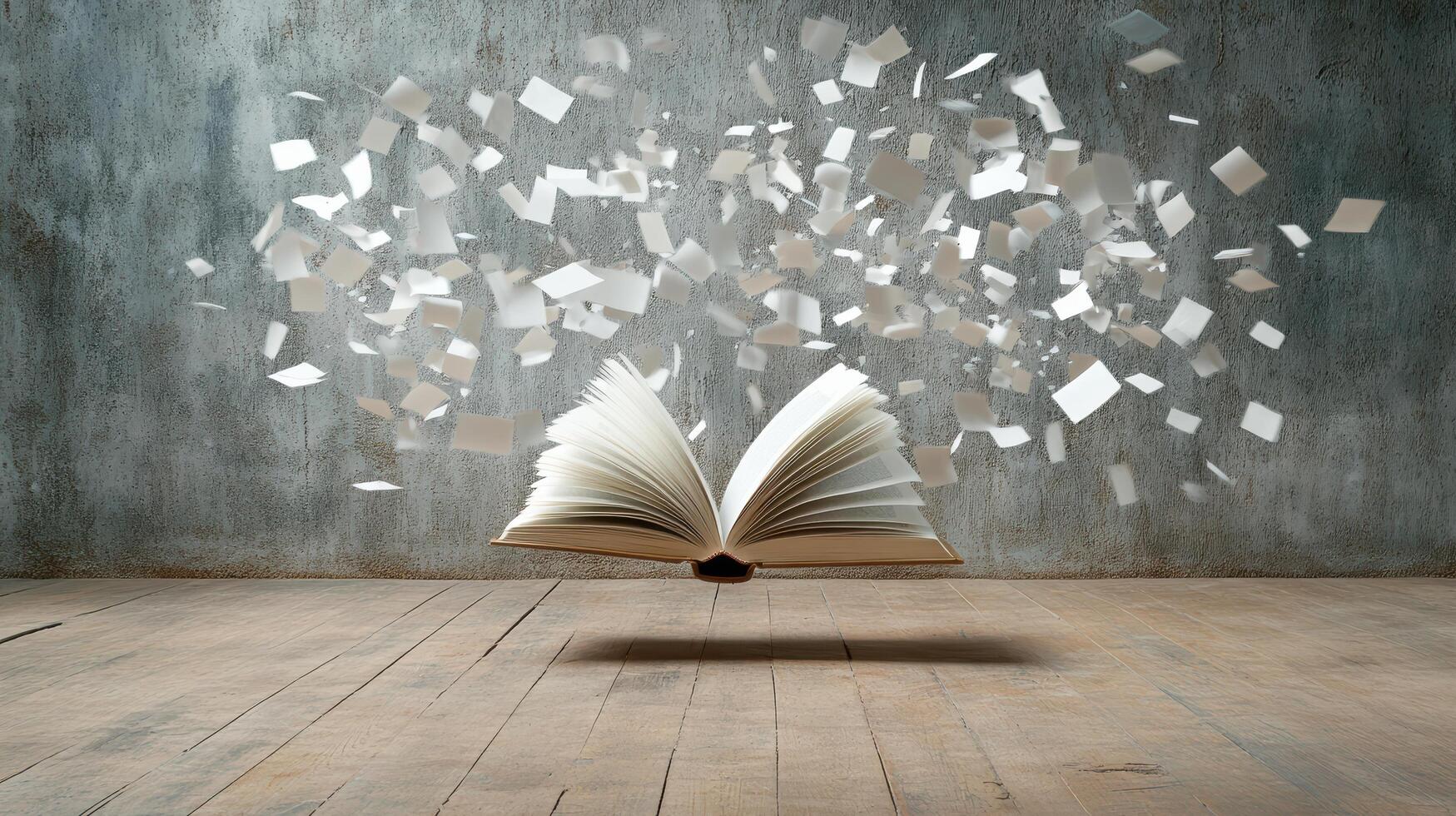 An open book with paper flying around it photo