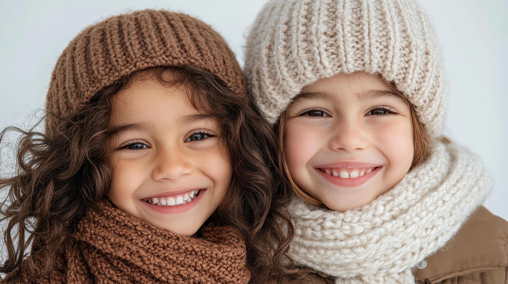 Two little girls wearing warm clothes and hats photo