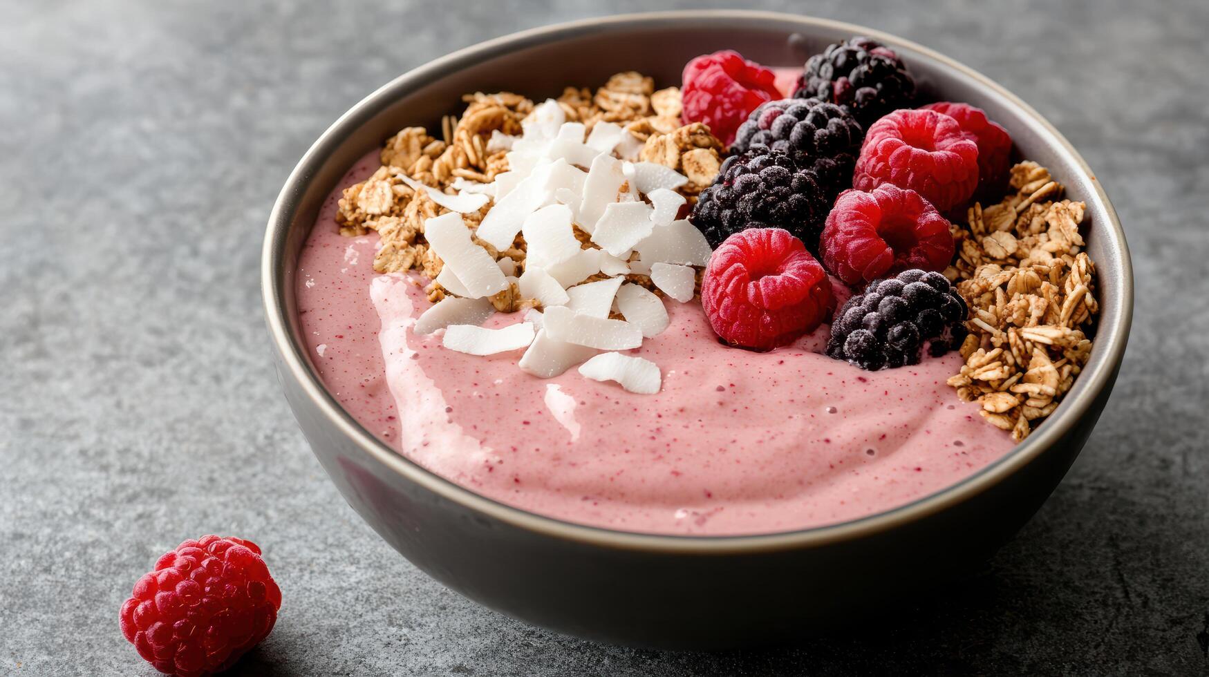 A bowl of smoothie with berries and coconut photo