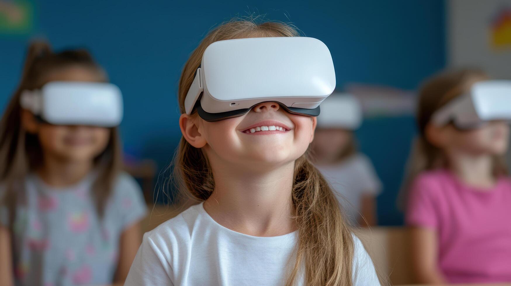 A young girl wearing virtual reality glasses photo