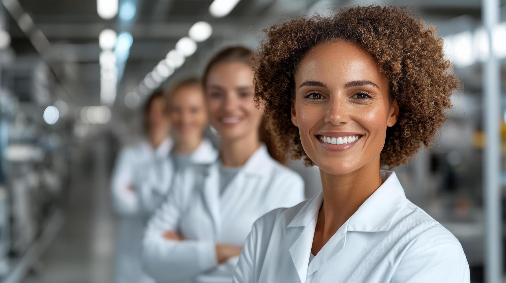 A woman in lab coats standing in a factory photo