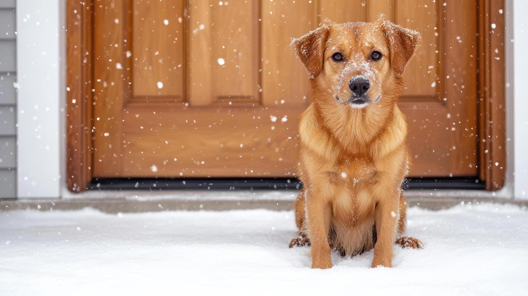 A dog sitting in the snow outside of a door photo
