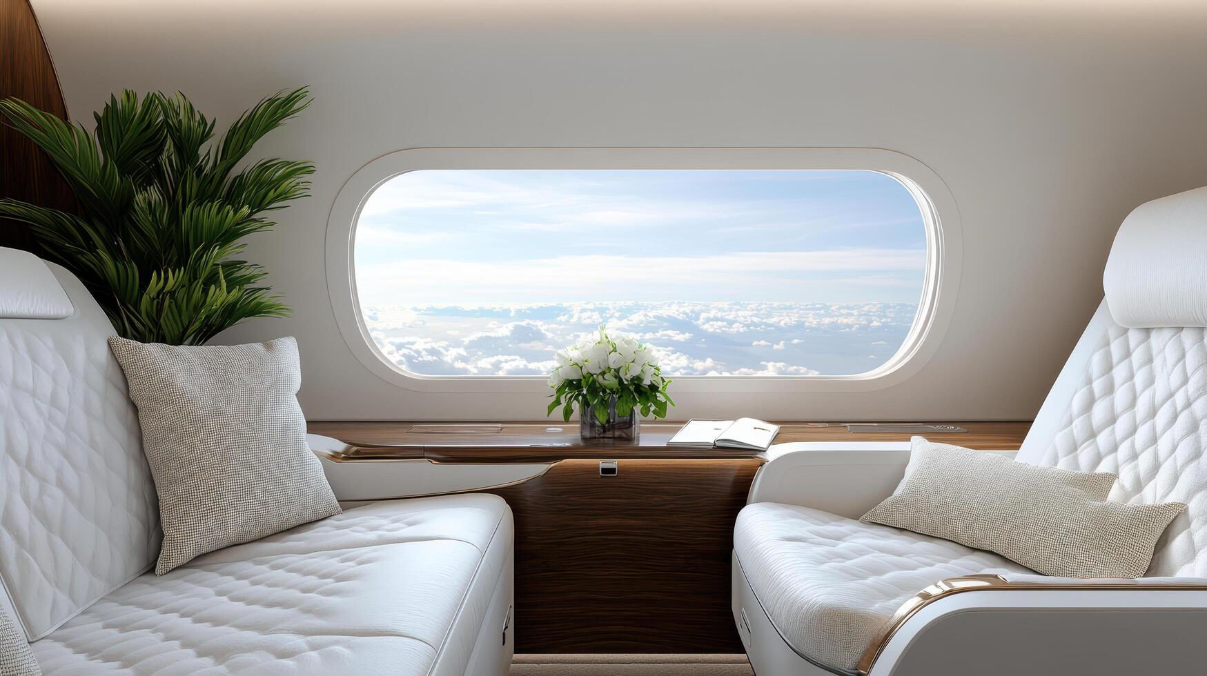 A view of a plane with two white seats and a window photo
