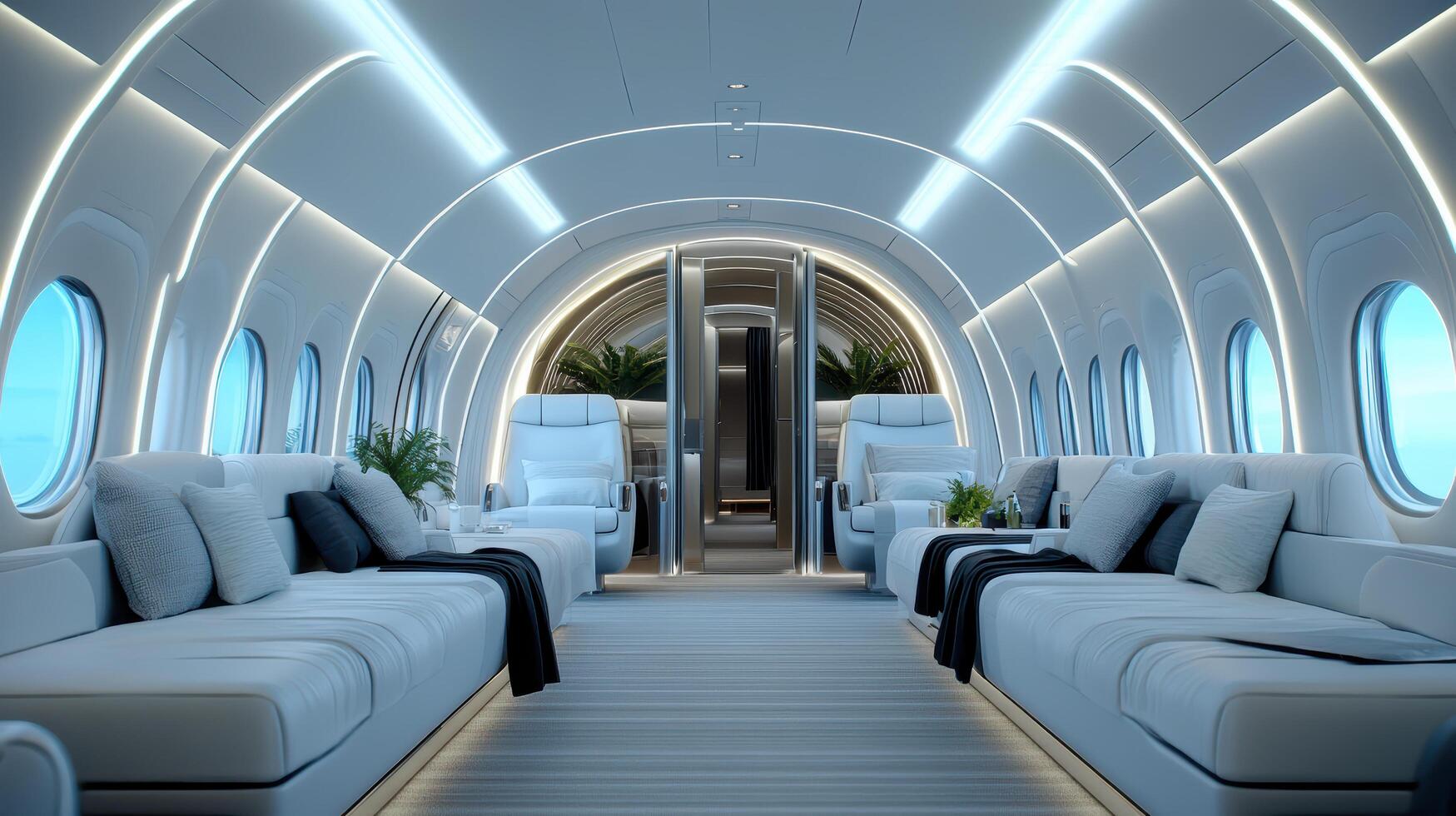 The interior of a private jet with couches and a table photo